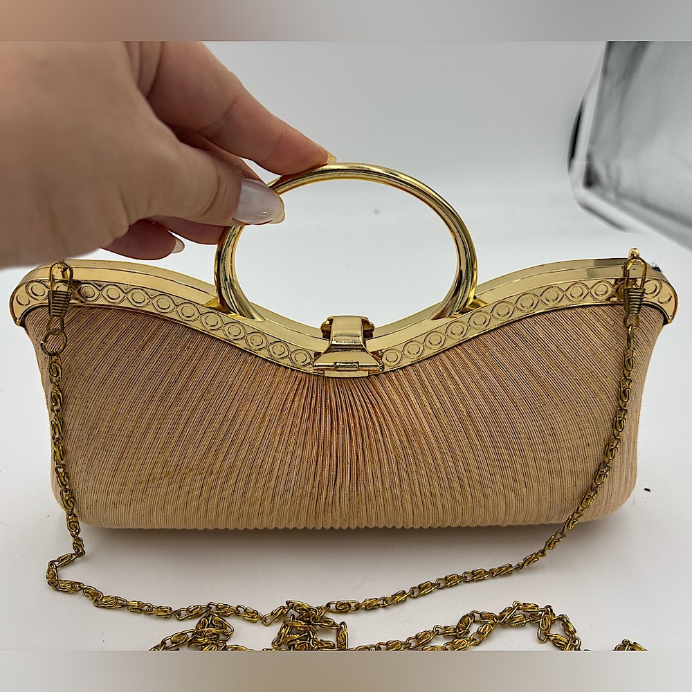 Vintage Gold Kiss Lock Crossbody Handbag Evening Bag